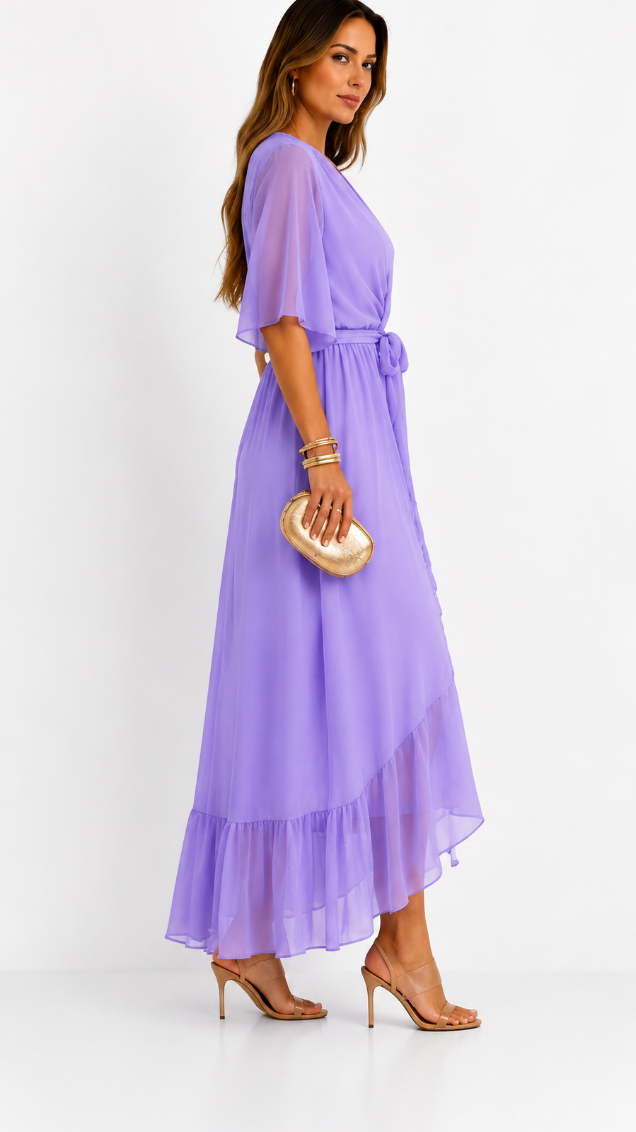Women's V-Neck Wrap Dress – Tie Waist Flowy Occasion Dress