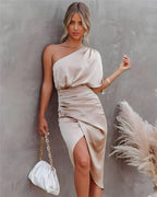 Women's High Slit Evening Gown – One Shoulder Pleated Formal Dress