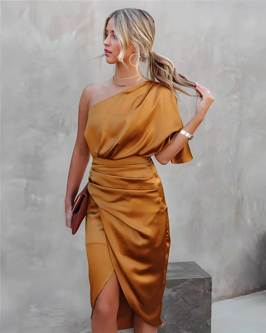 Women's High Slit Evening Gown – One Shoulder Pleated Formal Dress