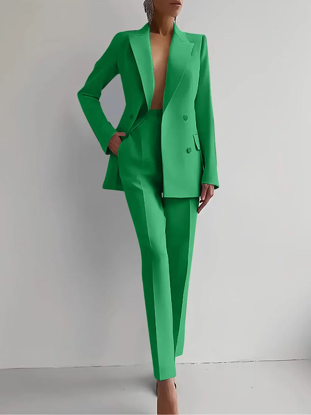 Women's Double Button Blazer Set – Tailored Office Blazer and Trousers Set