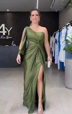 Women's One Shoulder Maxi Dress – Bow Detail Side Slit Formal Dress