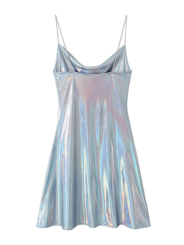 Women's Metallic Mini Dress – Strappy Open Back Fitted Party Dress