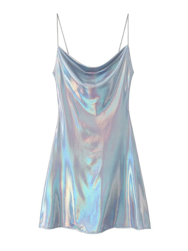 Women's Metallic Mini Dress – Strappy Open Back Fitted Party Dress
