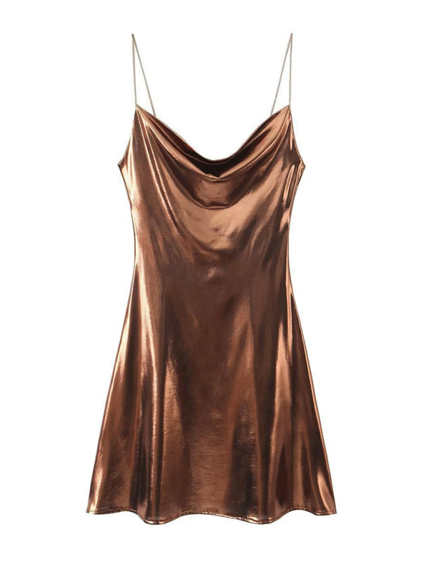 Women's Metallic Mini Dress – Strappy Open Back Fitted Party Dress