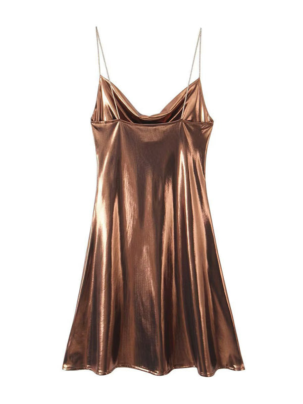 Women's Metallic Mini Dress – Strappy Open Back Fitted Party Dress