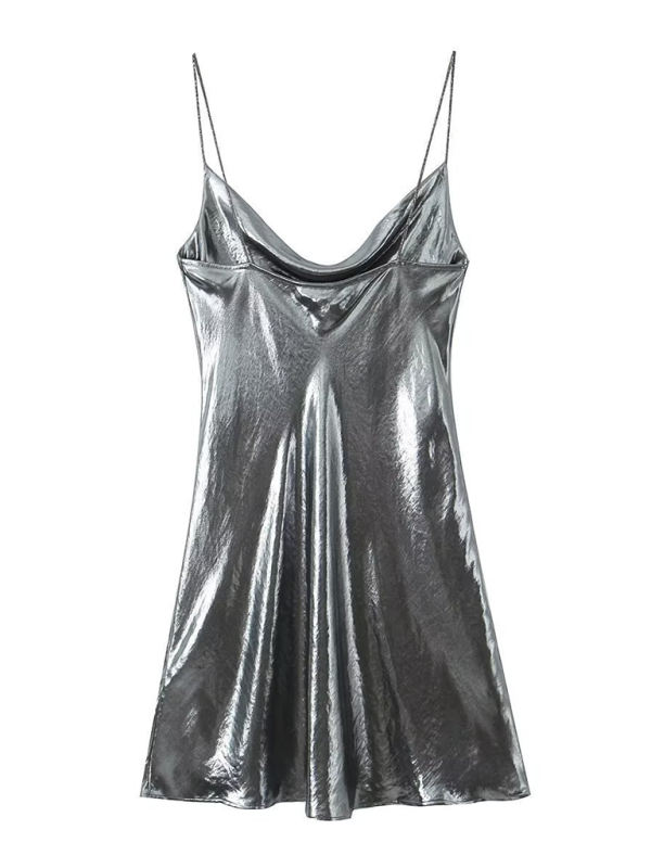 Women's Metallic Mini Dress – Strappy Open Back Fitted Party Dress