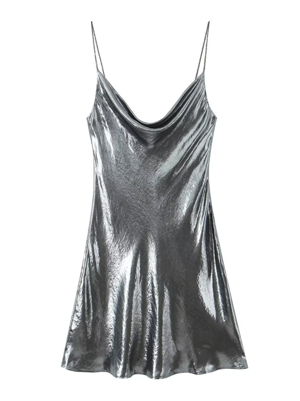 Women's Metallic Mini Dress – Strappy Open Back Fitted Party Dress