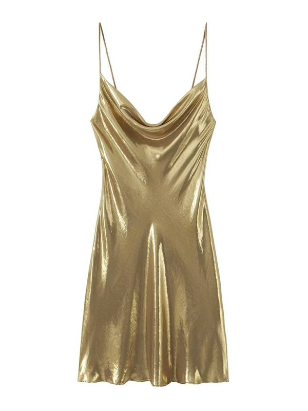 Women's Metallic Mini Dress – Strappy Open Back Fitted Party Dress