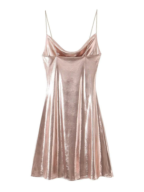 Women's Metallic Mini Dress – Strappy Open Back Fitted Party Dress