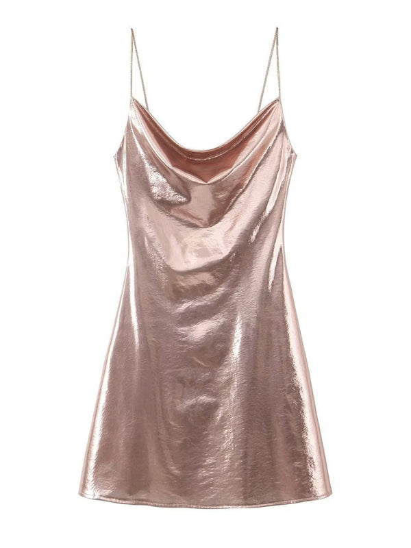 Women's Metallic Mini Dress – Strappy Open Back Fitted Party Dress