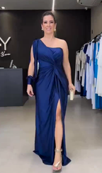 Women's One Shoulder Maxi Dress – Bow Detail Side Slit Formal Dress