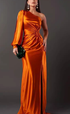 Women's One Shoulder Maxi Dress – Bow Detail Side Slit Formal Dress