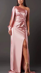 Women's One Shoulder Maxi Dress – Bow Detail Side Slit Formal Dress