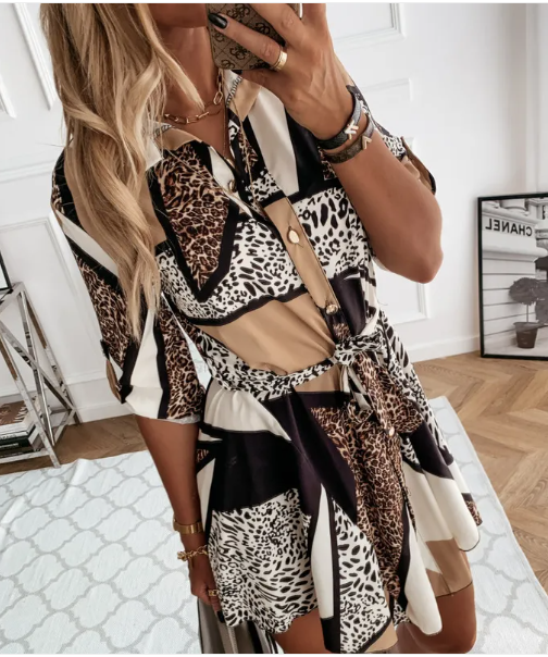 Women's Leopard Print Shirt Dress – Button Down Belted Long Sleeve Dress