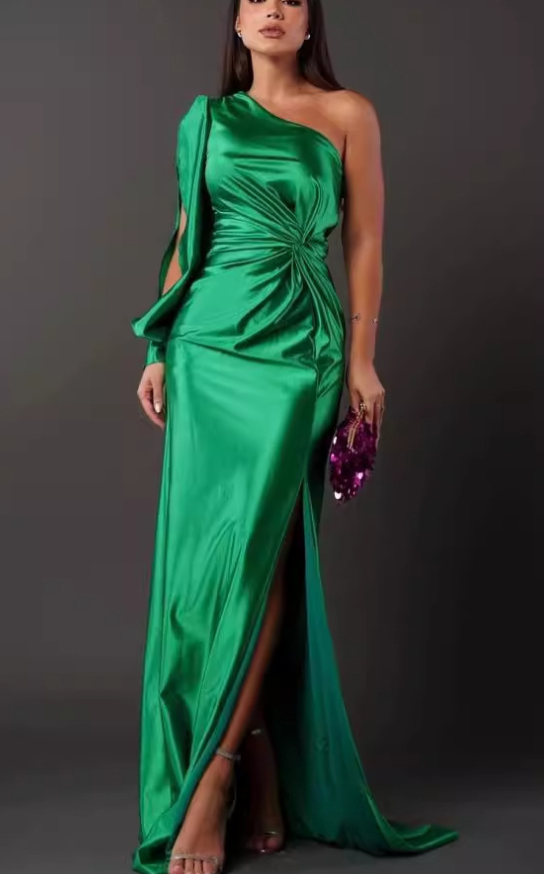 Women's One Shoulder Maxi Dress – Bow Detail Side Slit Formal Dress