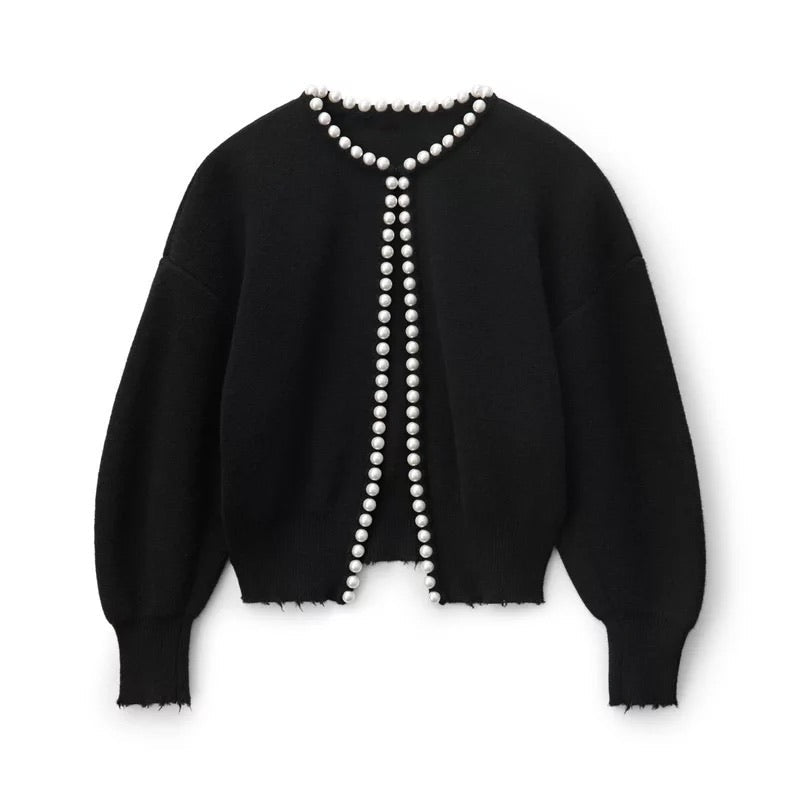 Women's Pearl Embellished Cardigan – V-Neck Decorative Button Front Cardigan