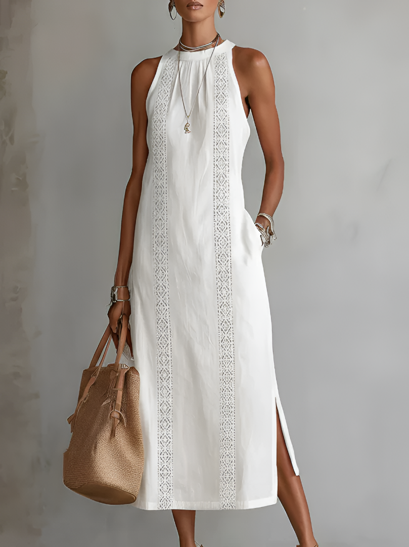 Women's High Neck Midi Dress – Sleeveless Flowy Pocket Occasion Dress