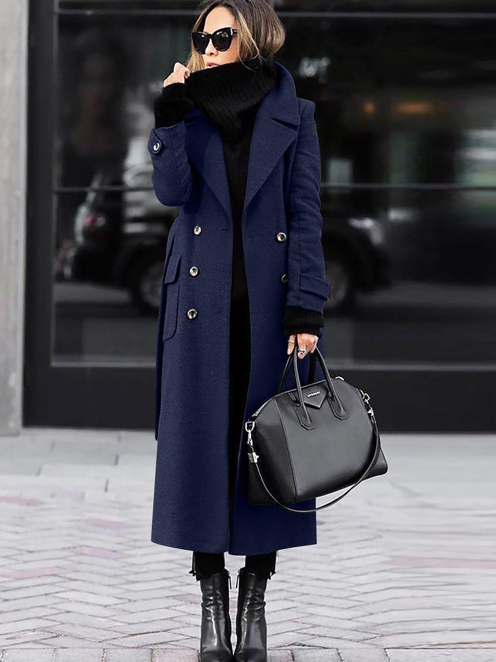 Women's Full Length Lapel Coat – Tailored Double-Breasted Overcoat