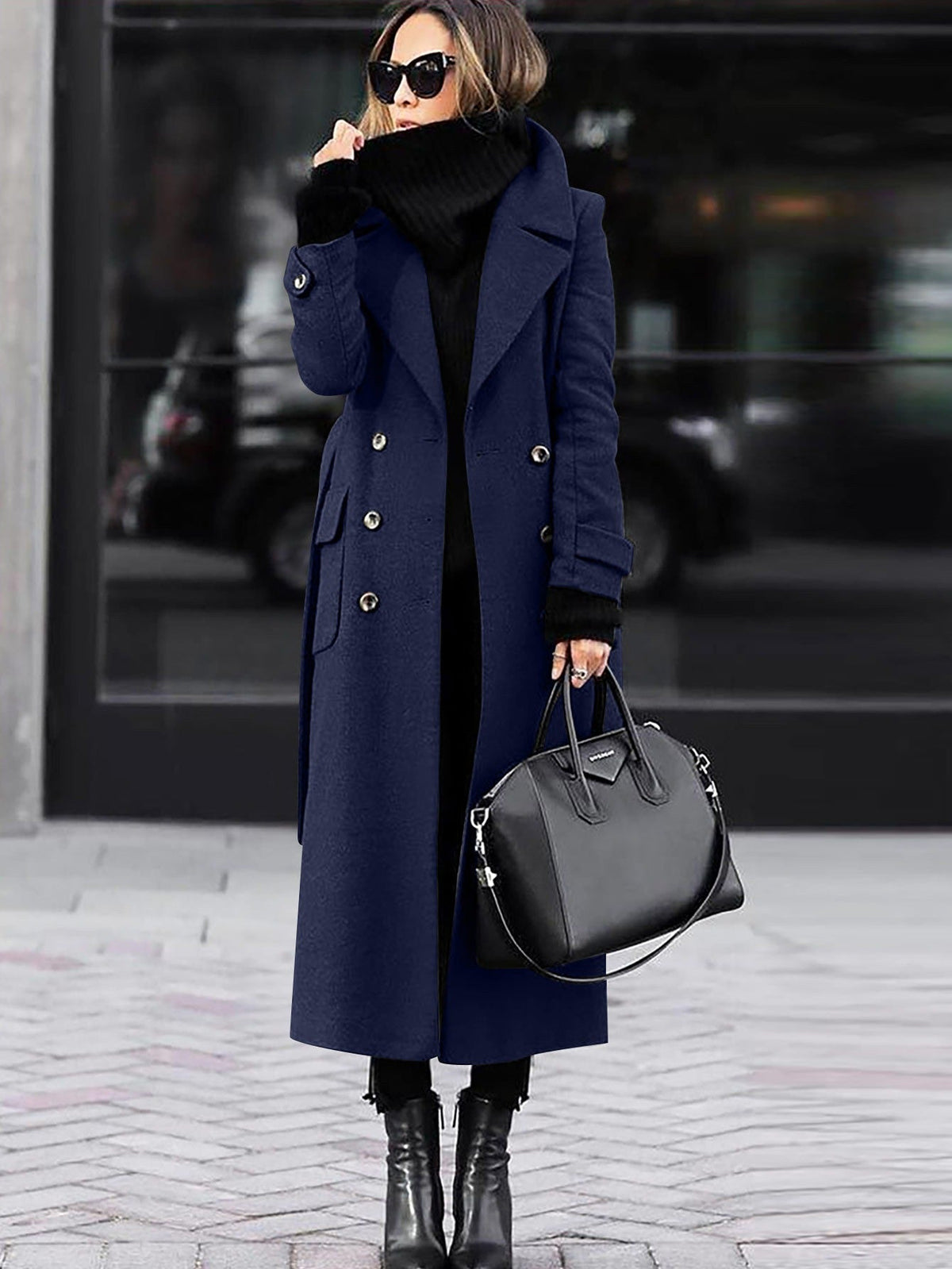 Women's Full Length Lapel Coat – Tailored Double-Breasted Overcoat