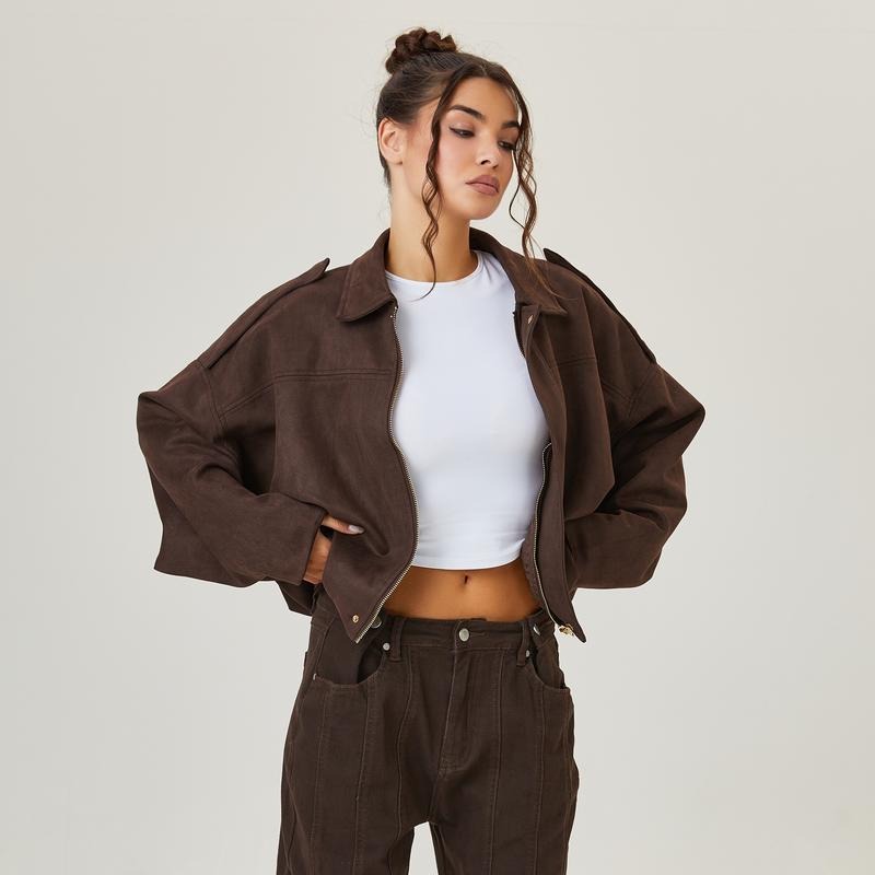 Women's Suede Look Bomber Jacket – Zip-Up Casual Jacket
