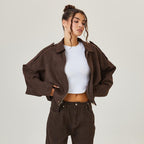 Women's Suede Look Bomber Jacket – Zip-Up Casual Jacket