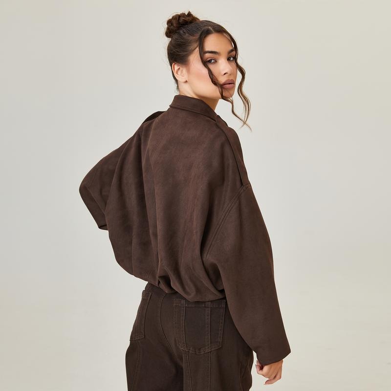 Women's Suede Look Bomber Jacket – Zip-Up Casual Jacket