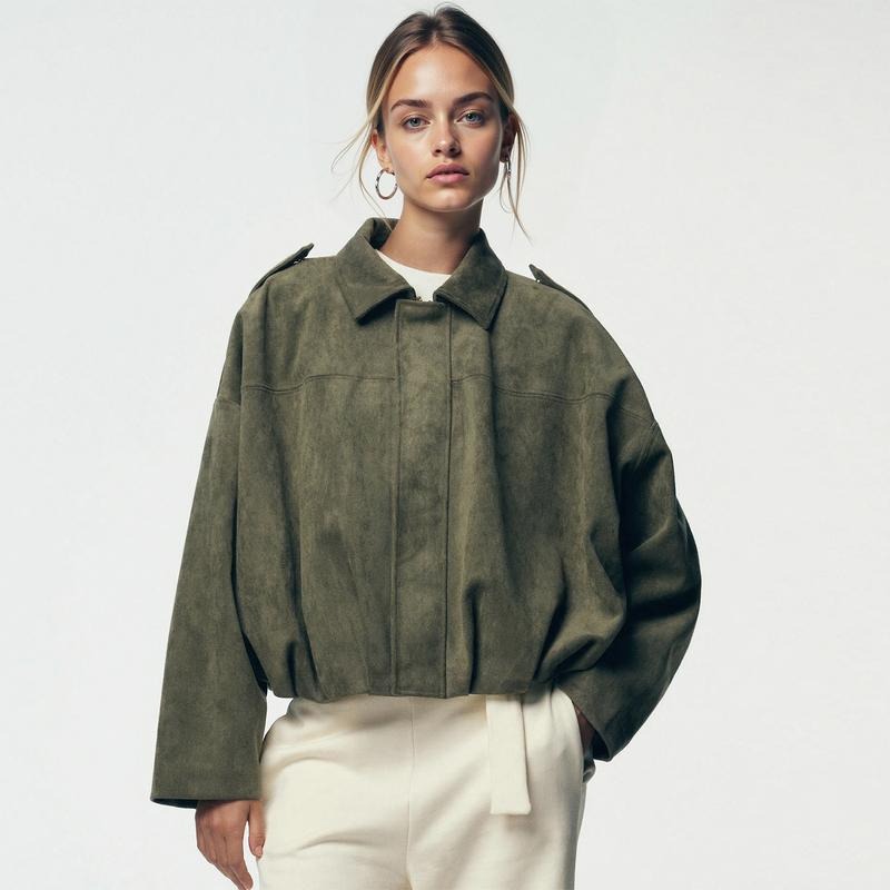 Women's Suede Look Bomber Jacket – Zip-Up Casual Jacket
