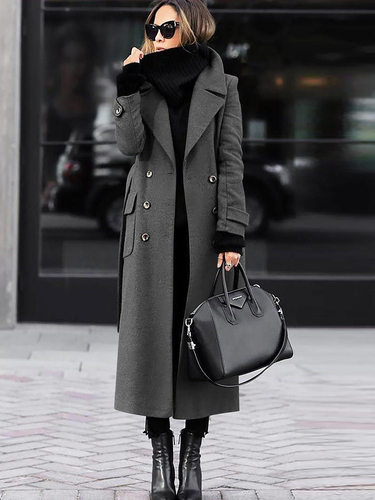 Women's Full Length Lapel Coat – Tailored Double-Breasted Overcoat
