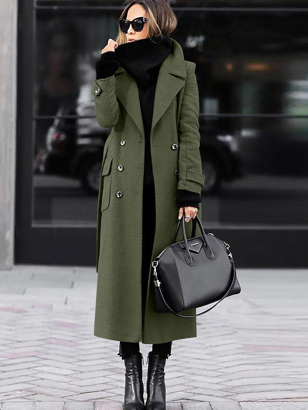Women's Full Length Lapel Coat – Tailored Double-Breasted Overcoat
