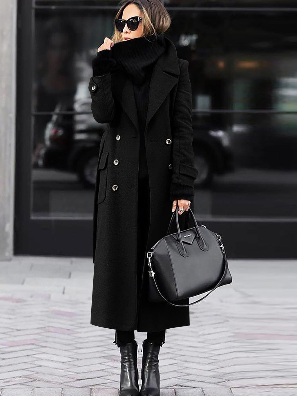 Women's Full Length Lapel Coat – Tailored Double-Breasted Overcoat