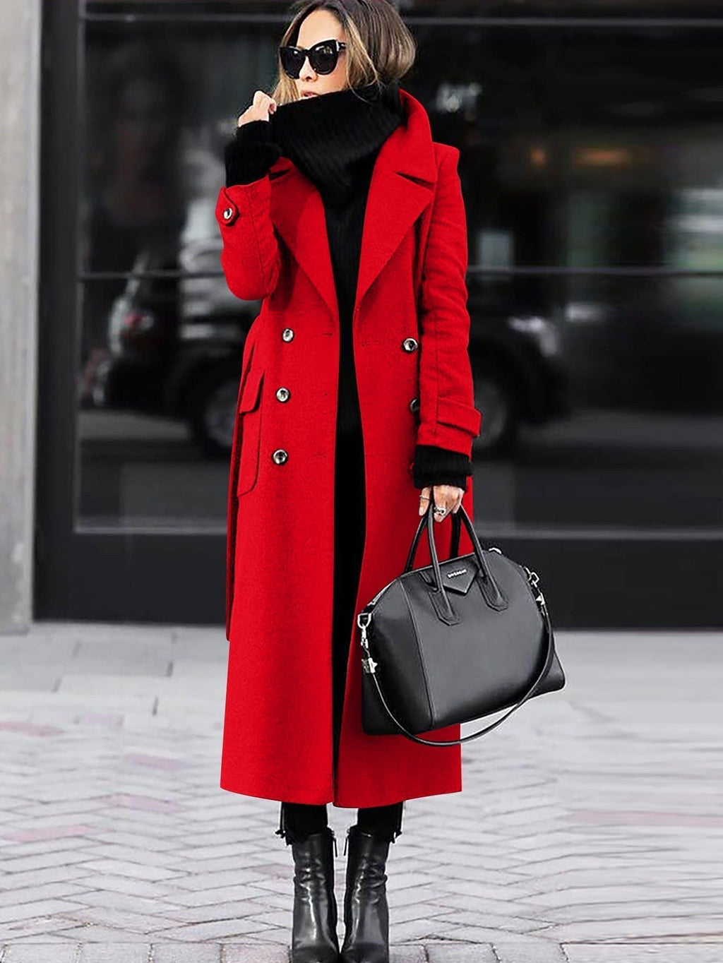 Women's Full Length Lapel Coat – Tailored Double-Breasted Overcoat