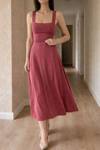 Women's Square Neck A-Line Midi Dress – Sleeveless Fitted Bodice Dress