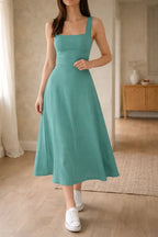 Women's Square Neck A-Line Midi Dress – Sleeveless Fitted Bodice Dress