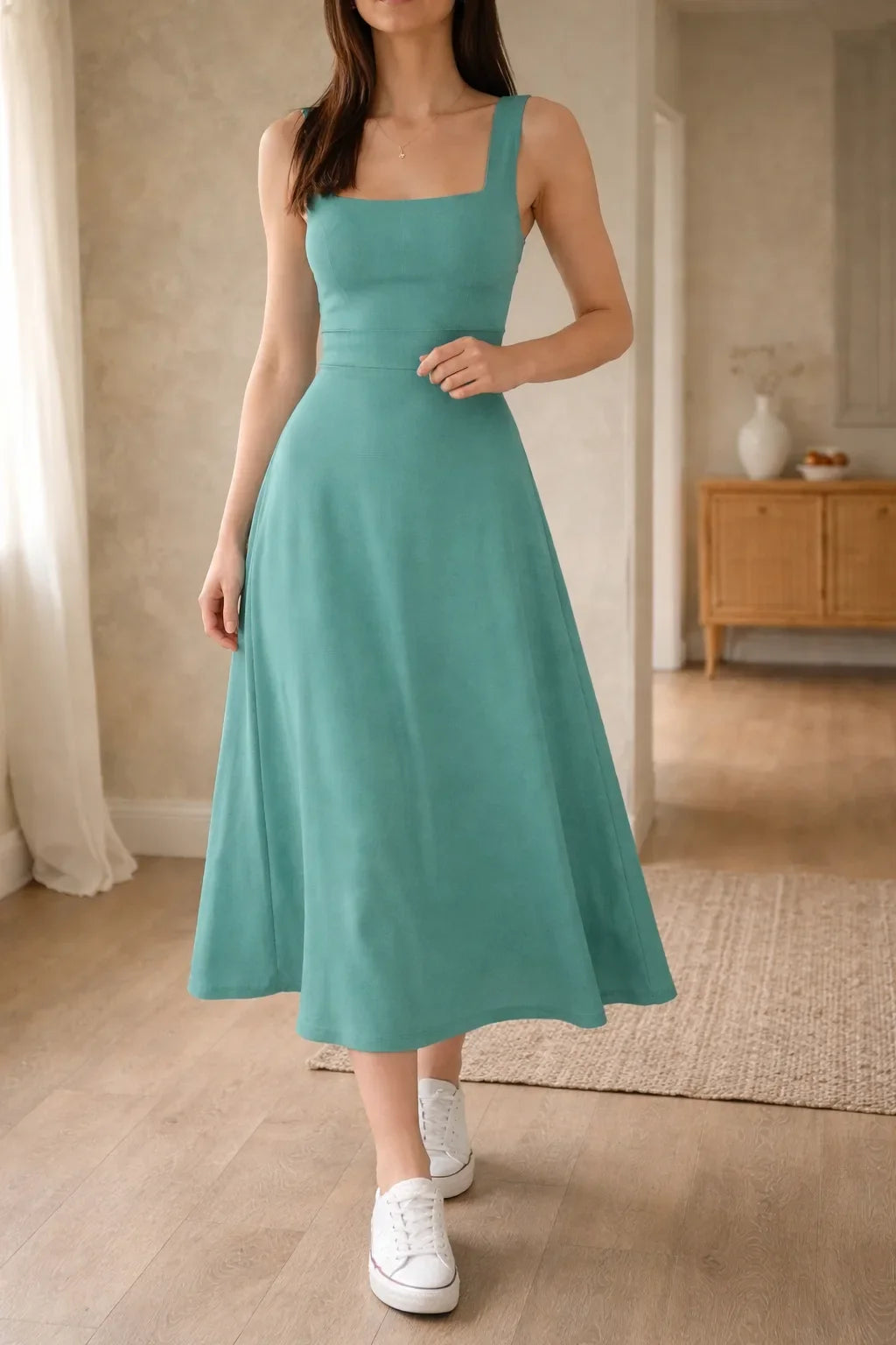 Women's Square Neck A-Line Midi Dress – Sleeveless Fitted Bodice Dress