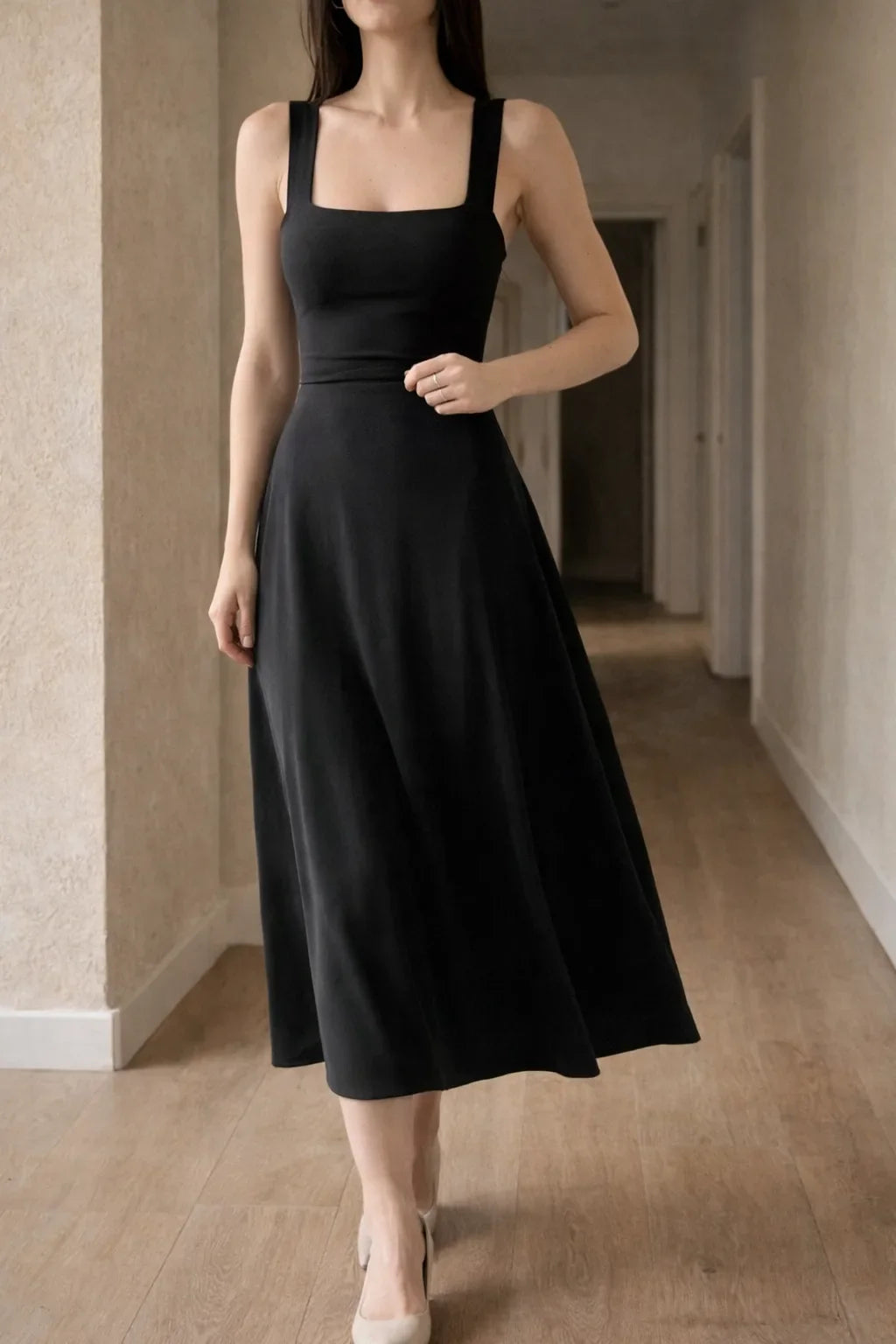 Women's Square Neck A-Line Midi Dress – Sleeveless Fitted Bodice Dress