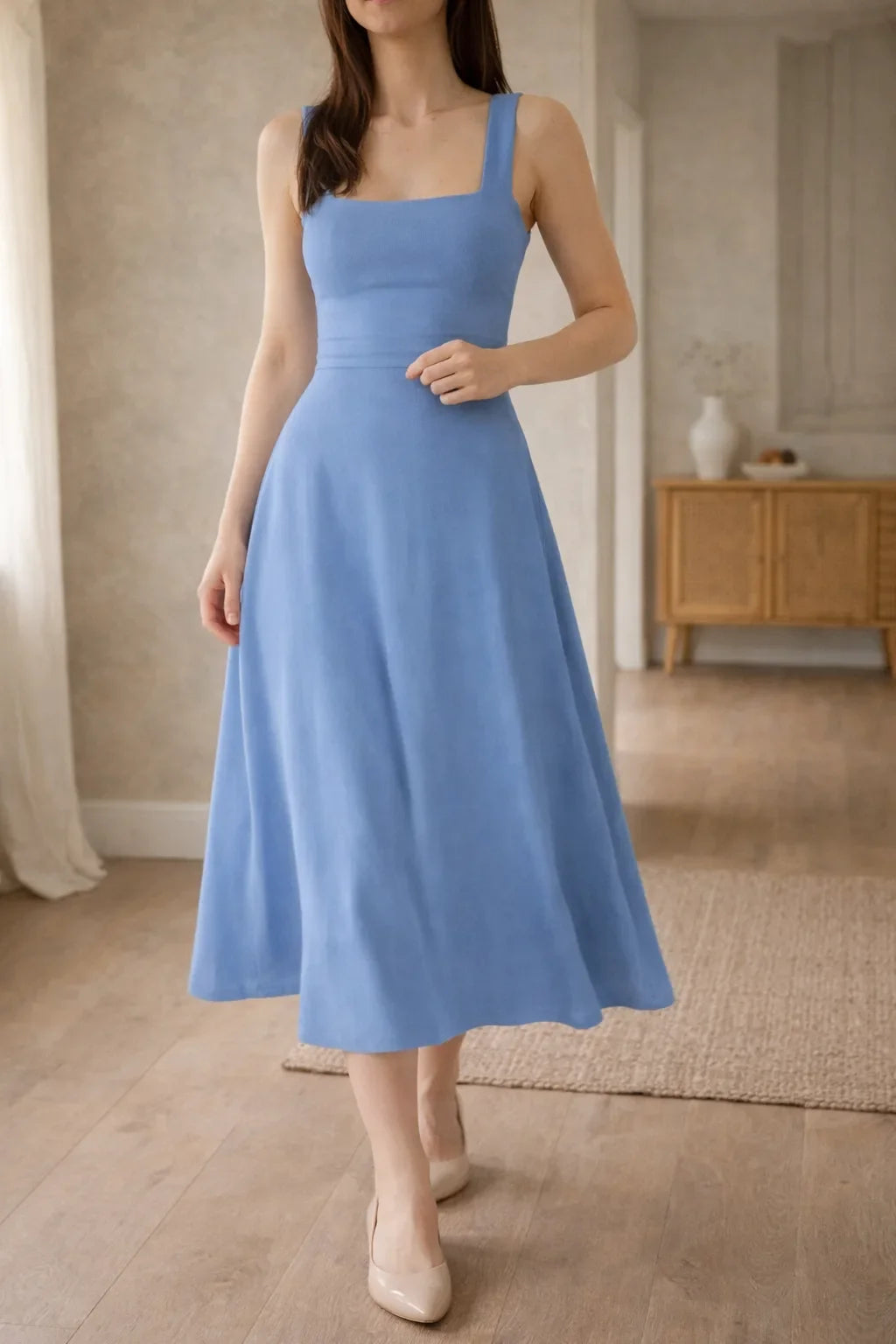Women's Square Neck A-Line Midi Dress – Sleeveless Fitted Bodice Dress