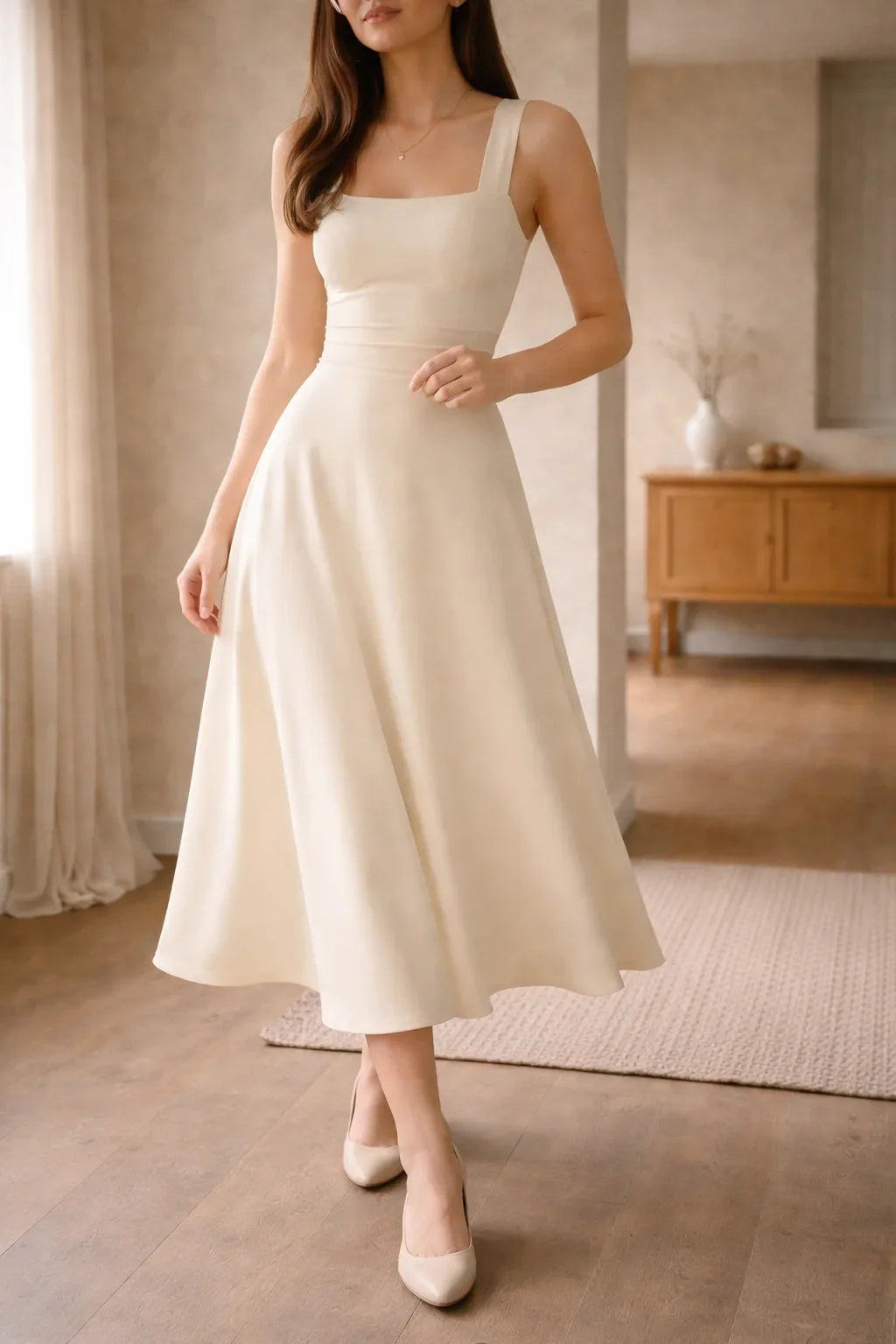 Women's Square Neck A-Line Midi Dress – Sleeveless Fitted Bodice Dress