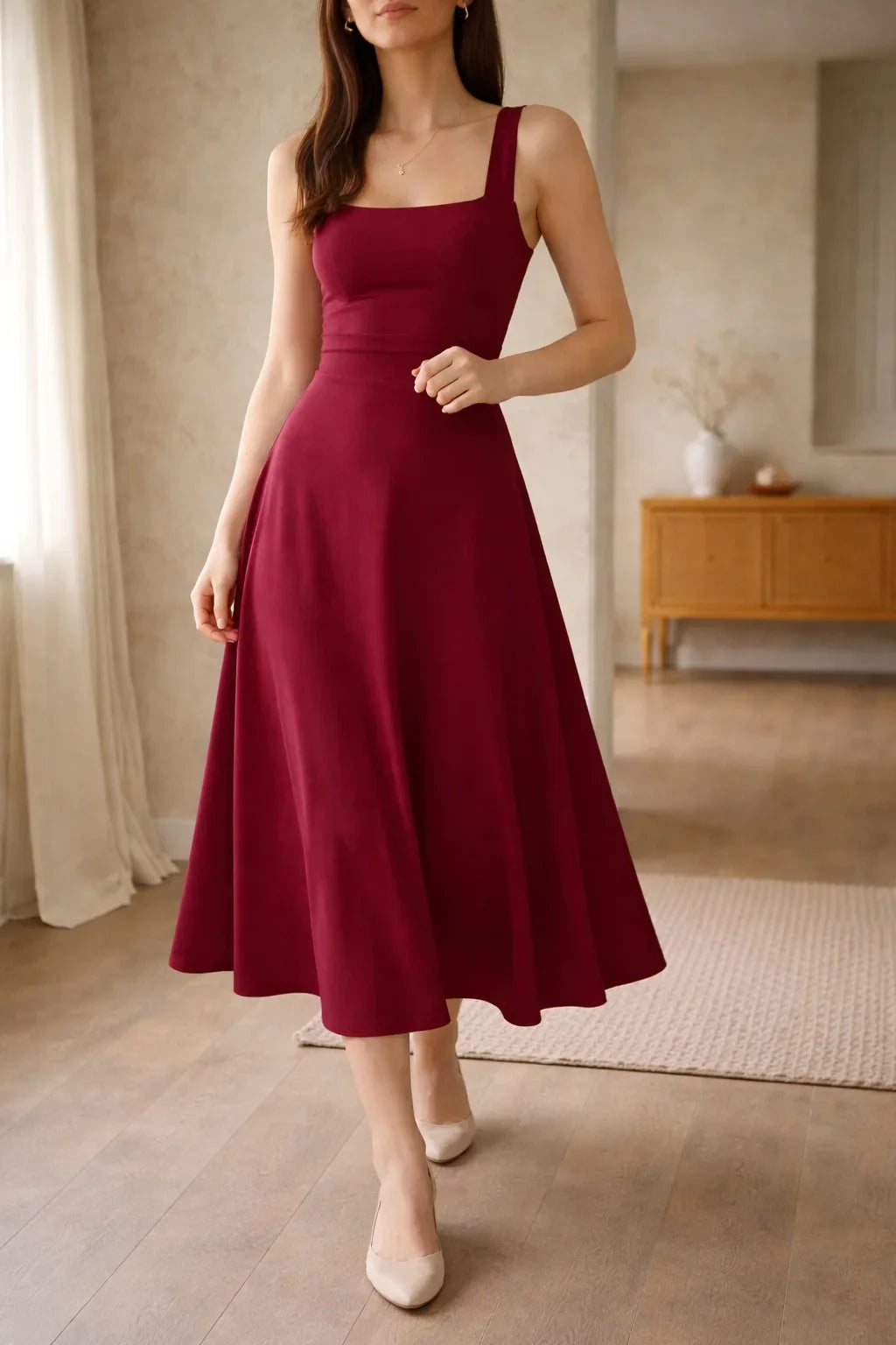 Women's Square Neck A-Line Midi Dress – Sleeveless Fitted Bodice Dress