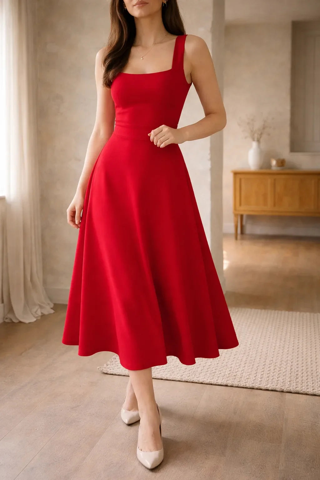 Women's Square Neck A-Line Midi Dress – Sleeveless Fitted Bodice Dress