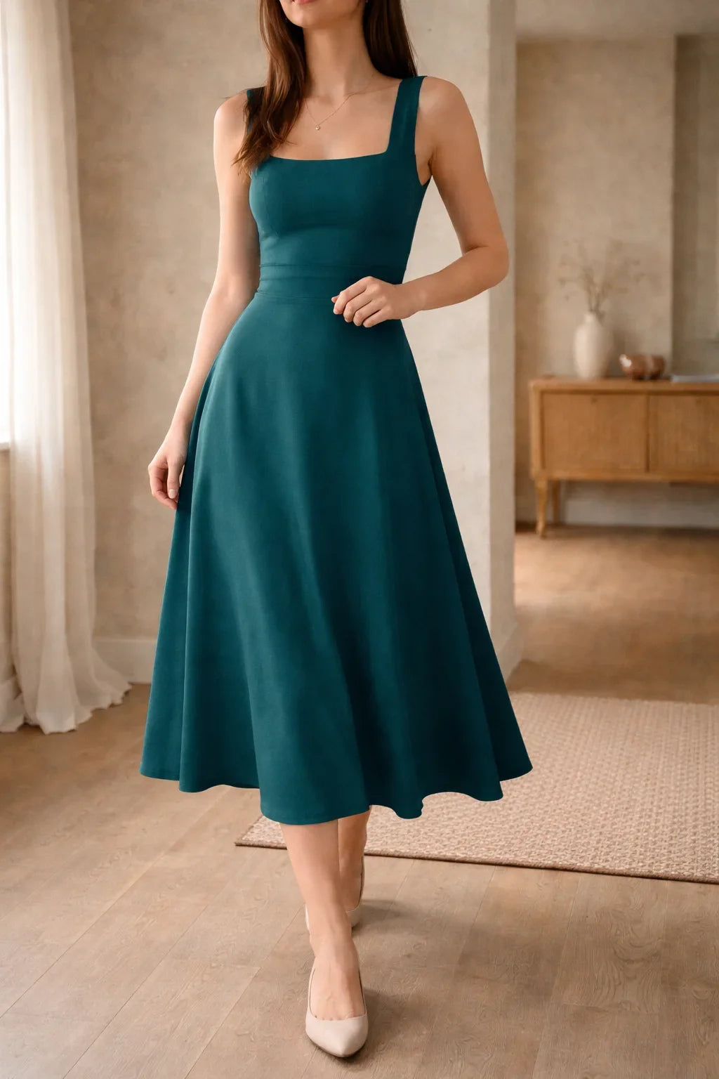 Women's Square Neck A-Line Midi Dress – Sleeveless Fitted Bodice Dress