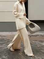 Women's Pleated Wide Leg Lounge Set – Relaxed Blouse and Pants Set