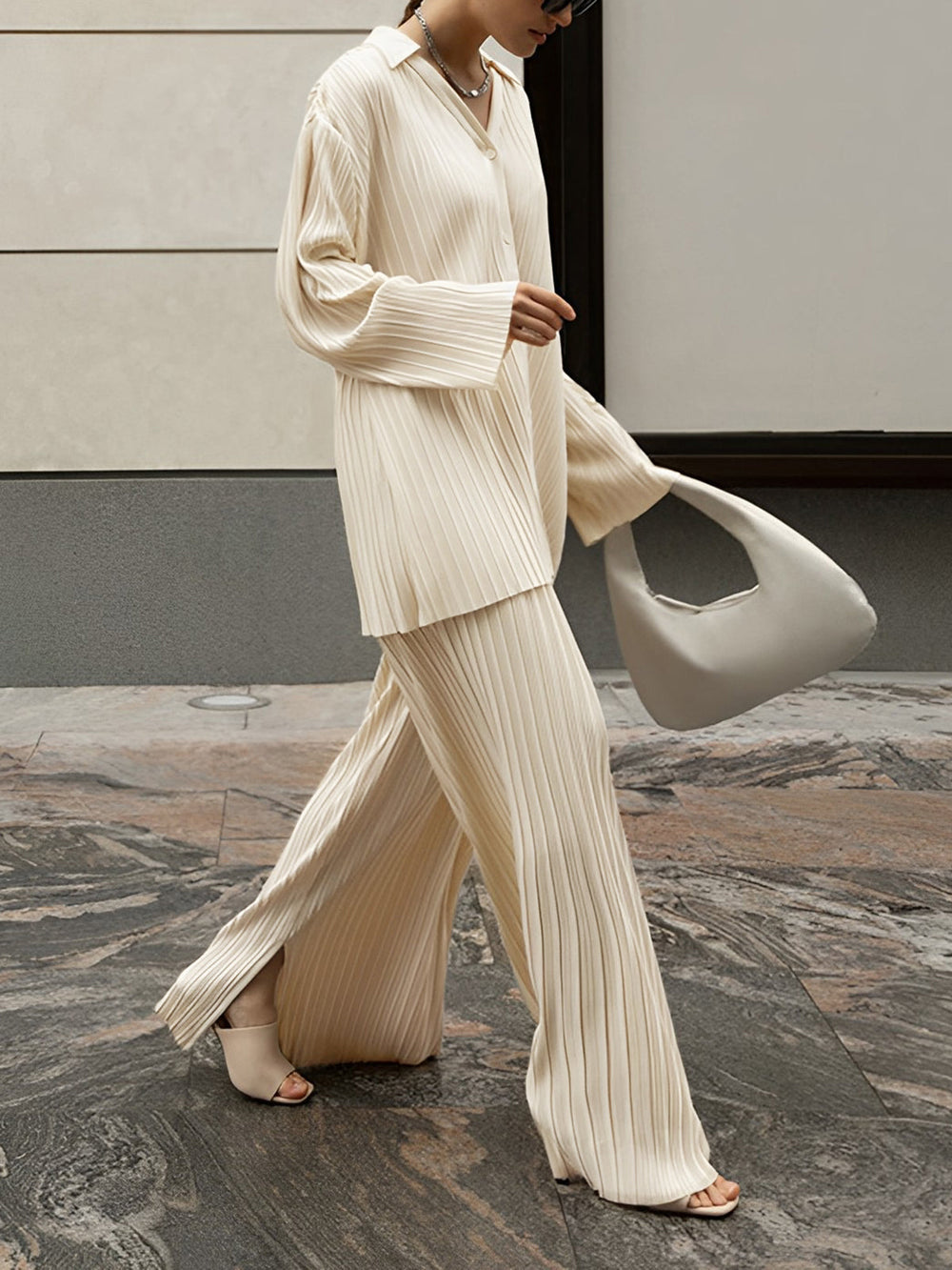Women's Pleated Wide Leg Lounge Set – Relaxed Blouse and Pants Set