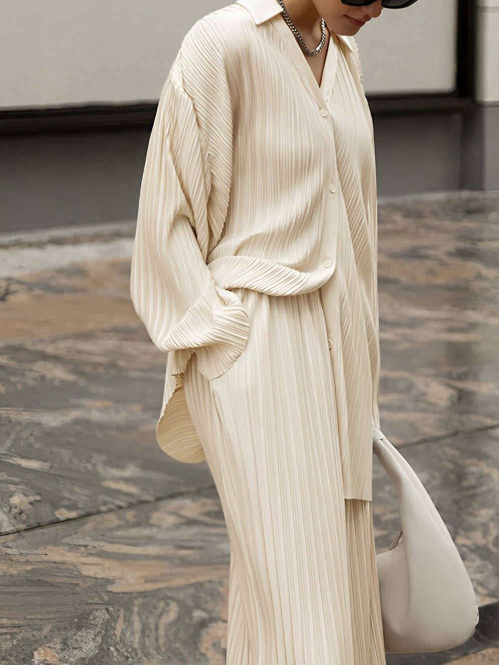 Women's Pleated Wide Leg Lounge Set – Relaxed Blouse and Pants Set