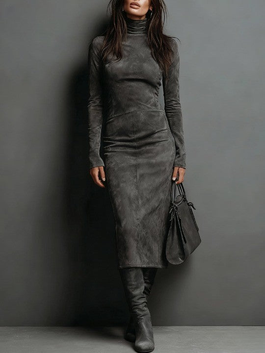 Women's Suede Finish Midi Dress – High Neck Dress