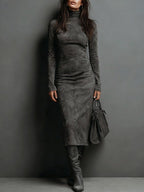 Women's Suede Finish Midi Dress – High Neck Dress