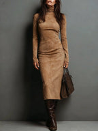 Women's Suede Finish Midi Dress – High Neck Dress