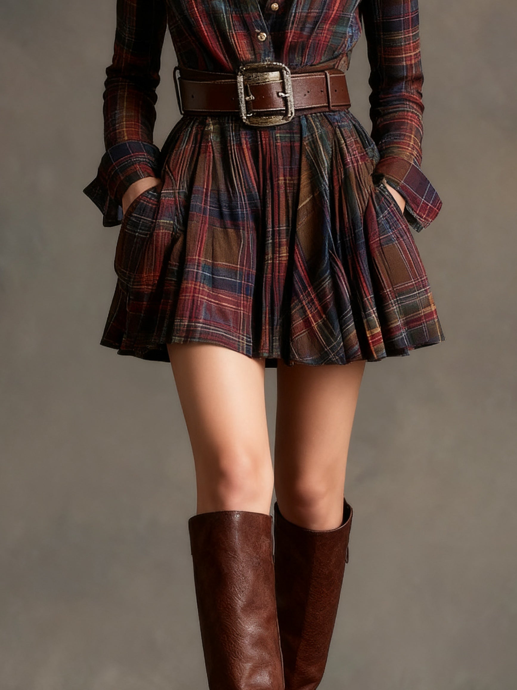 Women's Plaid Mini Dress – Long Sleeve Dress