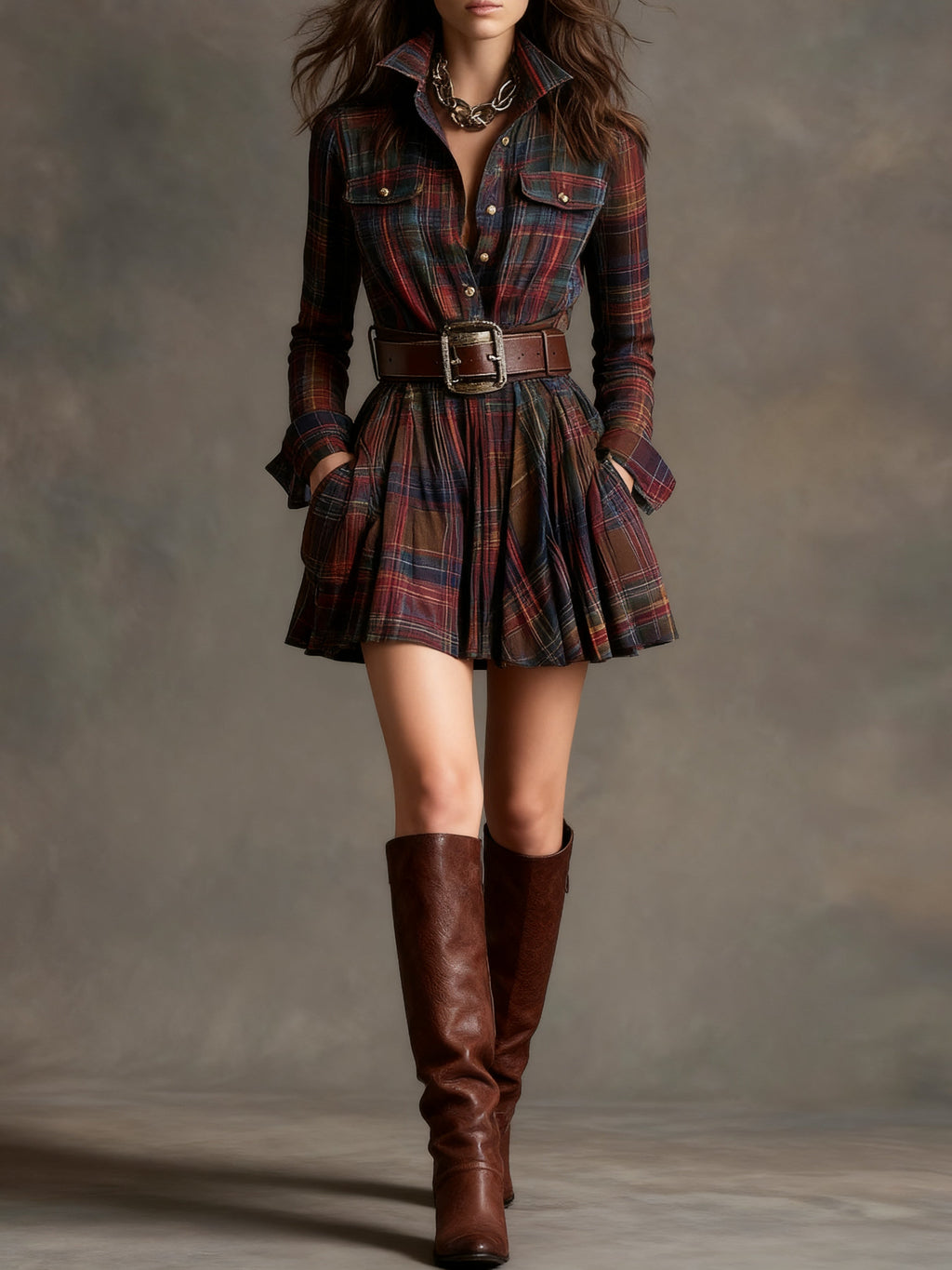 Women's Plaid Mini Dress – Long Sleeve Dress