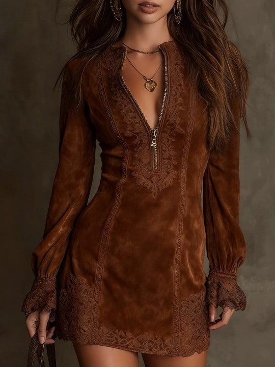 Women's Suede Look Mini Dress – Lace Trim Dress