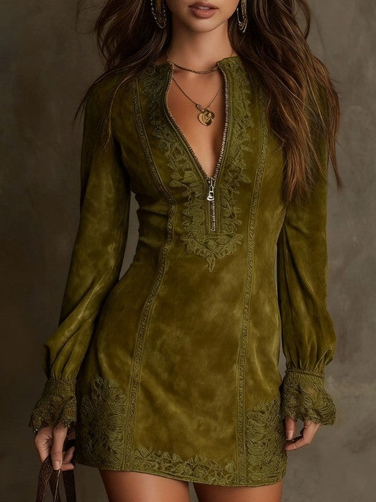 Women's Suede Look Mini Dress – Lace Trim Dress